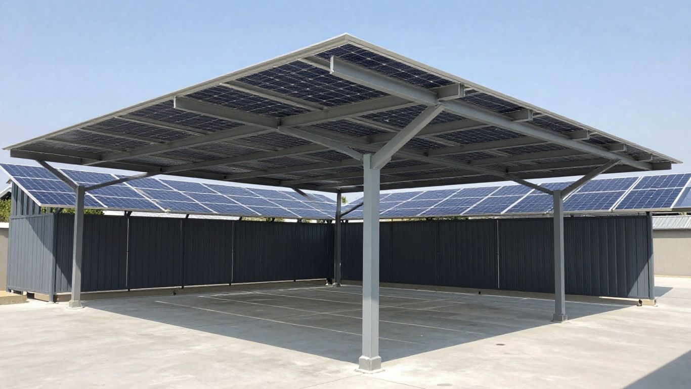 Solar canopy with integrated photovoltaic panels.