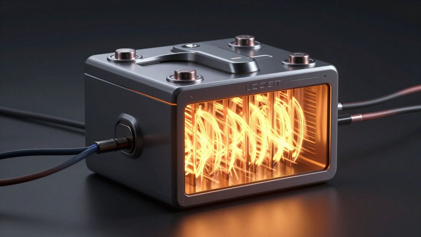 Futuristic luminous battery with connected wires.