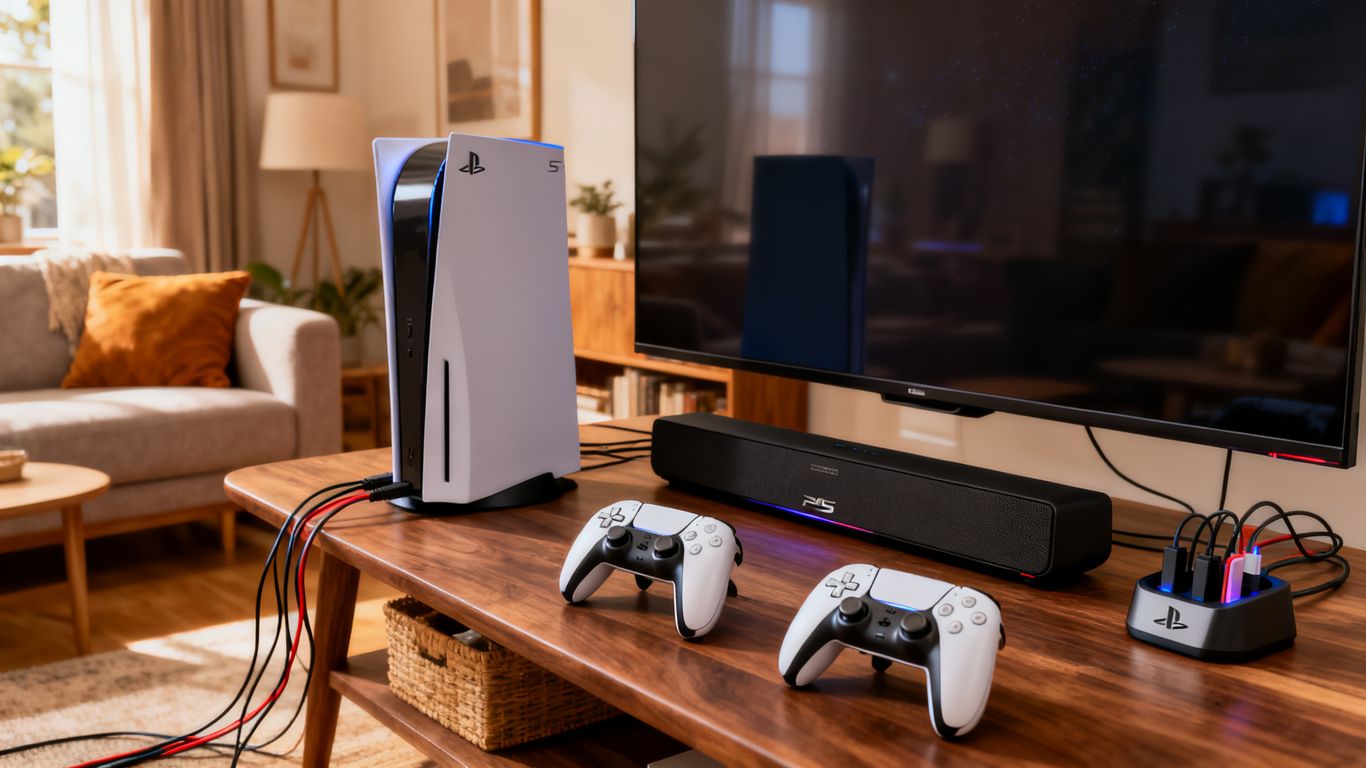 PS5、テレビ、アクセサリを備えたゲームセットアップ