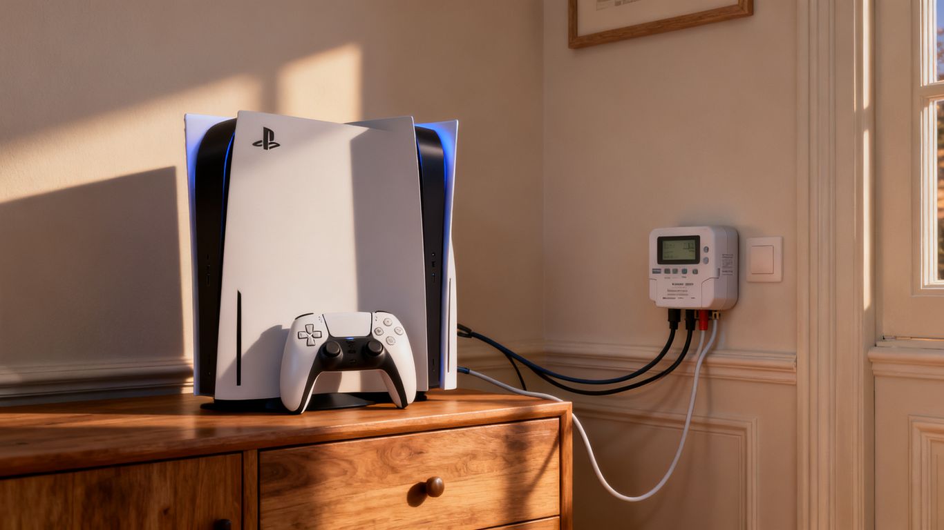 PS5コンソールとリビングルームの電気メーター