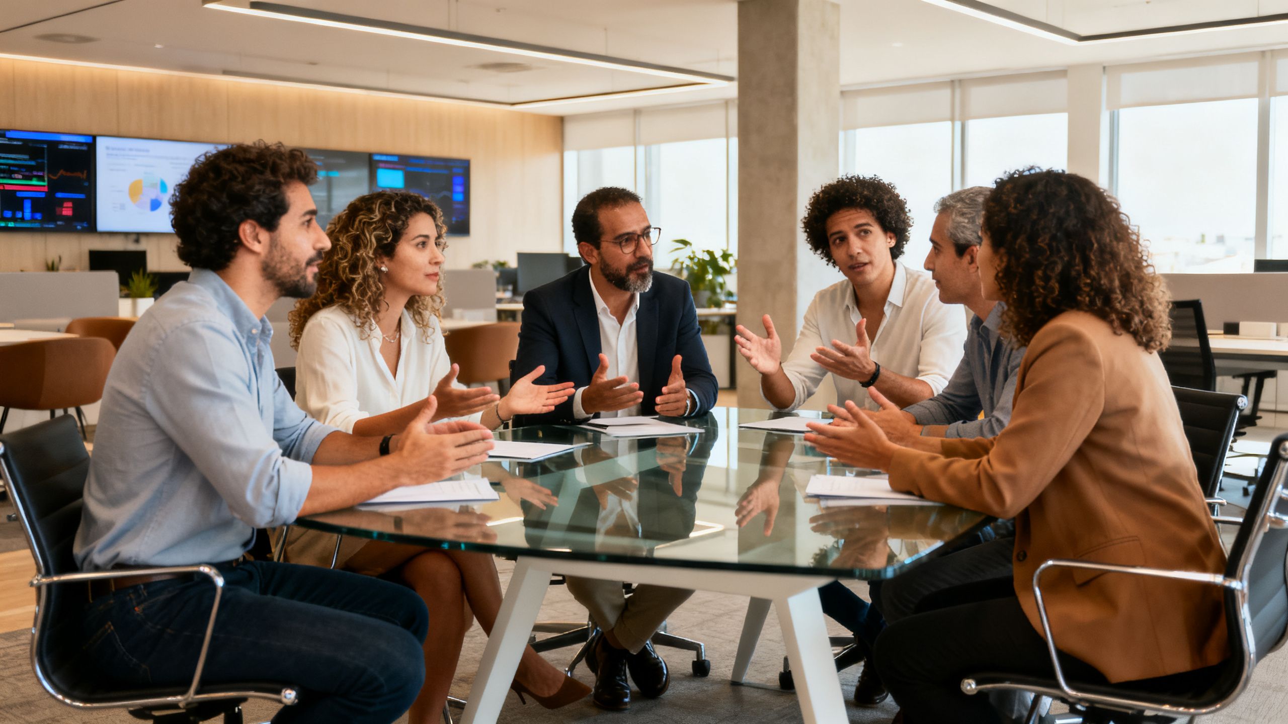 Portuguese team discussing new salary transparency policies in a meeting.
