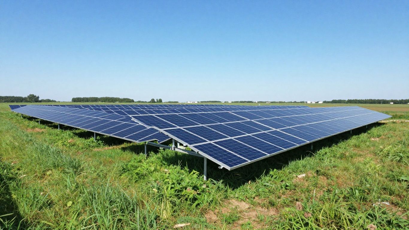 Ground-mounted solar panels in a green field.