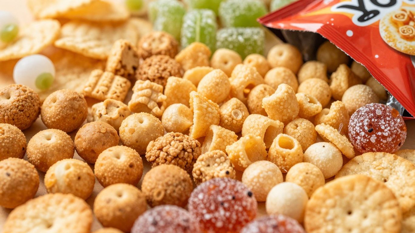 Assorted crunchy and sweet Korean snacks.