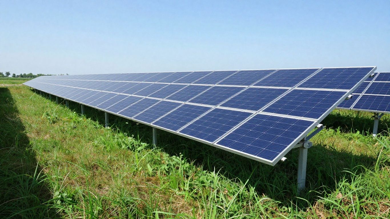 Ground-mounted solar panels in a green field.