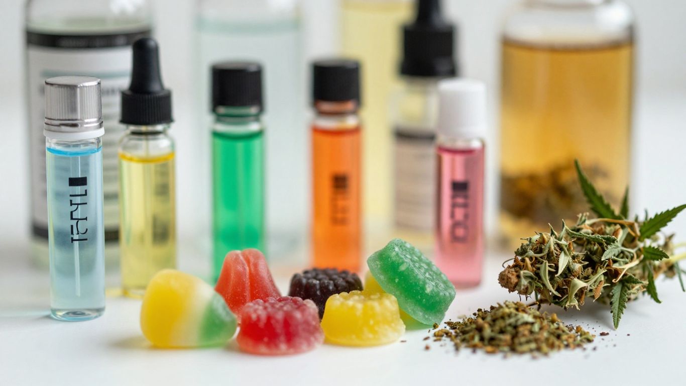 Cannabis products including vapes, edibles, and flower.