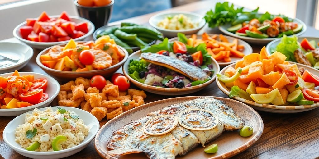 Colorful Mediterranean dishes on a wooden table.