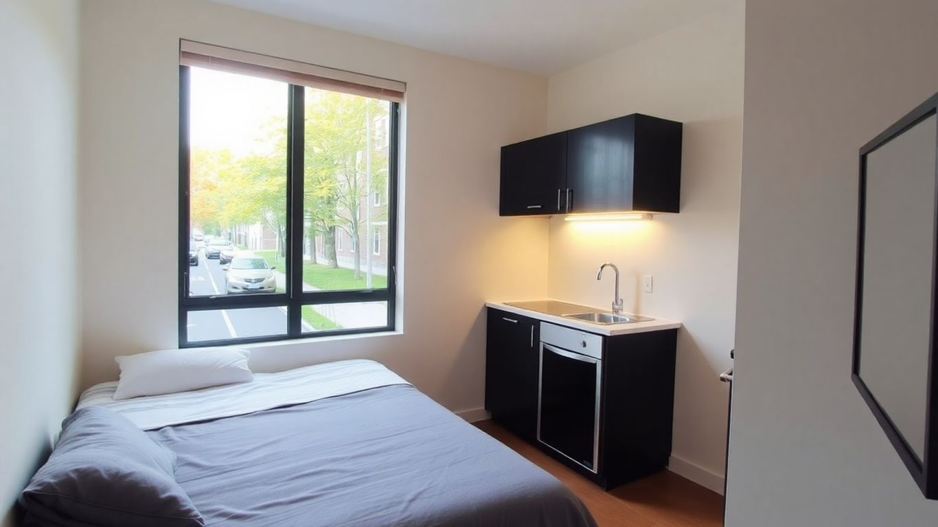 Studio appartement avec lit, kitchenette et fenêtre.