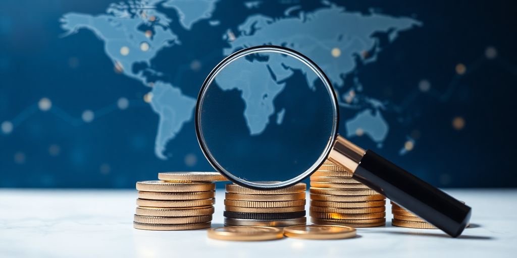 Magnifying glass, coins, global map, digital interface.