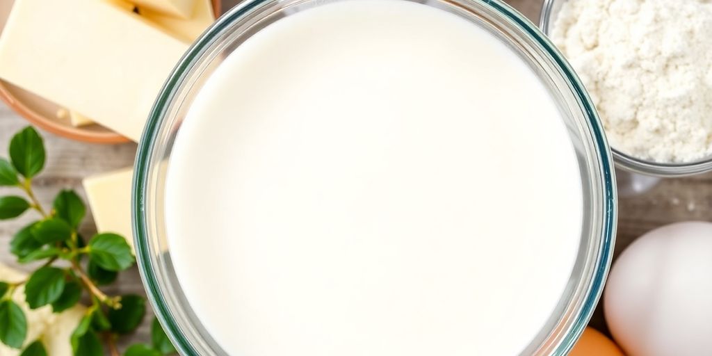 Bowl of milk with ingredients for cooking and baking.