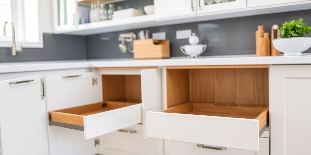 Self-closing cabinet drawers in a modern kitchen setting.