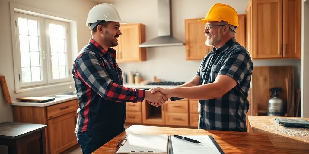 Contractor and homeowner shake hands at renovated kitchen contract papers.