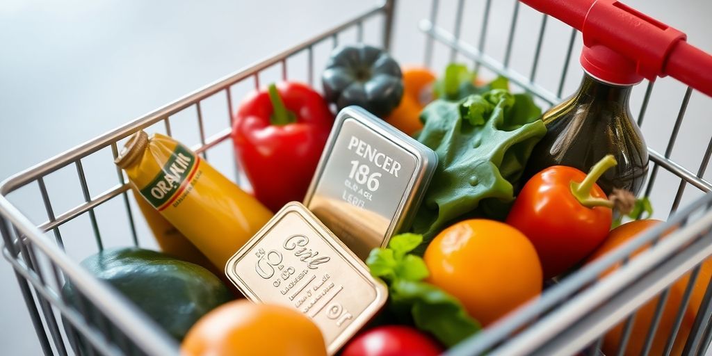 Un caddie rempli de produits alimentaires et d'un lingot d'argent.