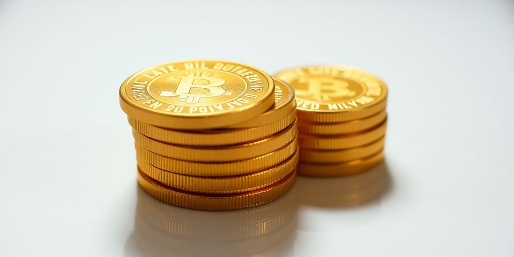 Pièces d'or empilées sur une surface blanche.
