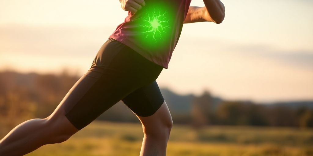 Person running outdoors, mitochondria glowing within.