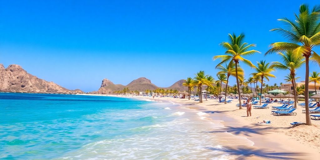 Vibrant beach scene in Cabo San Lucas with palm trees.
