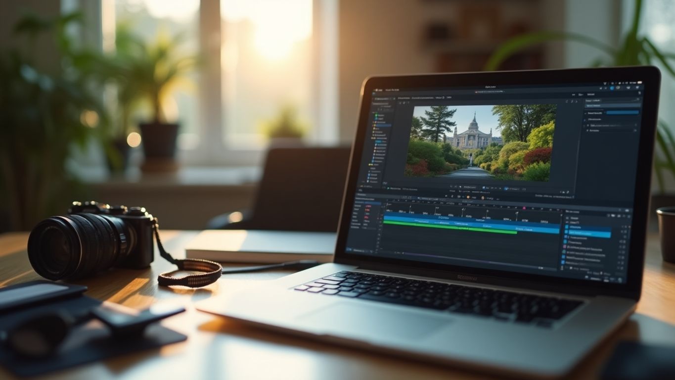 Creative workspace with laptop and editing tools.