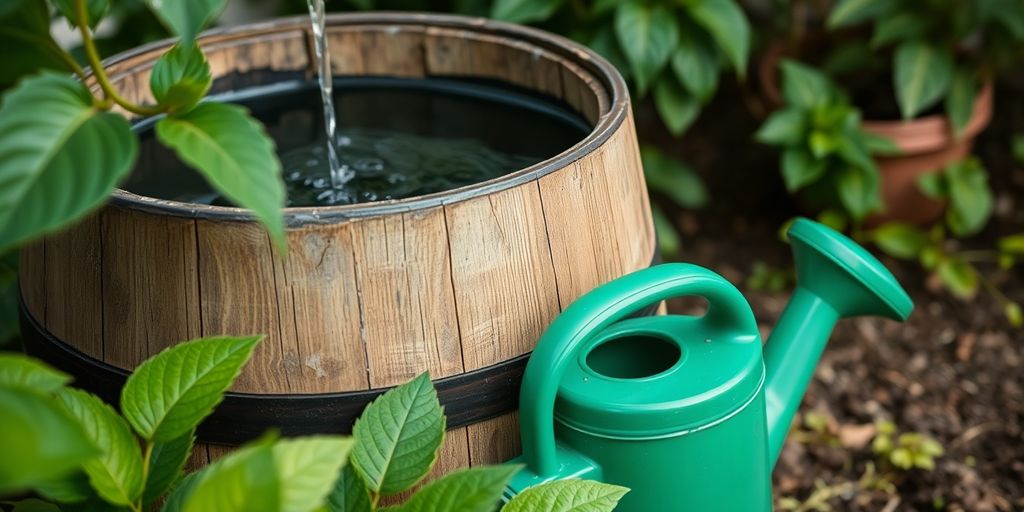 Regentonne und Gießkanne im Garten.