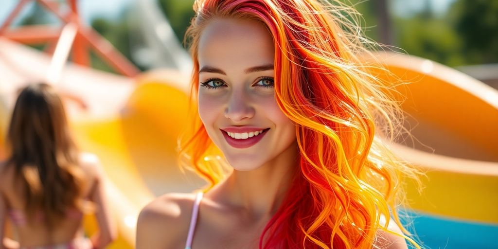 Junge mit Wasserrutsche Haare in fröhlicher Pose.