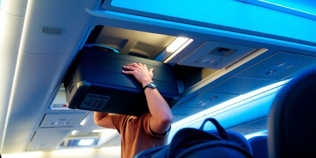 A traveler places a carry-on suitcase into an airplane's overhead bin.