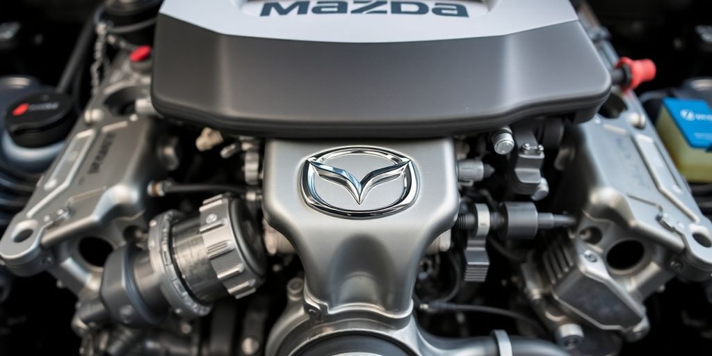 Close-up of a clean, reconditioned Mazda engine.