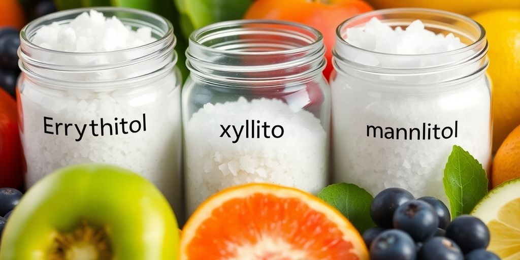 Jars of sugar alcohols with fresh fruits around them.