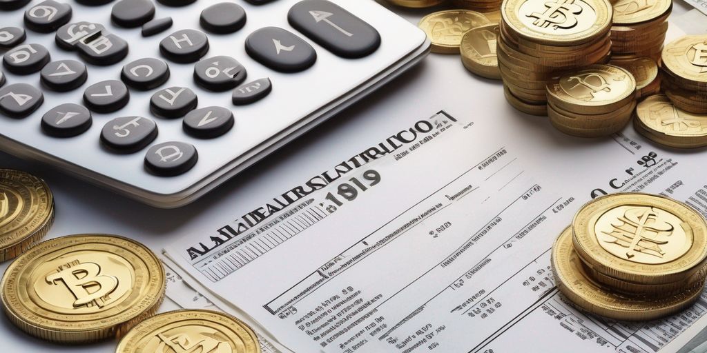 gold and silver coins with tax documents and calculator