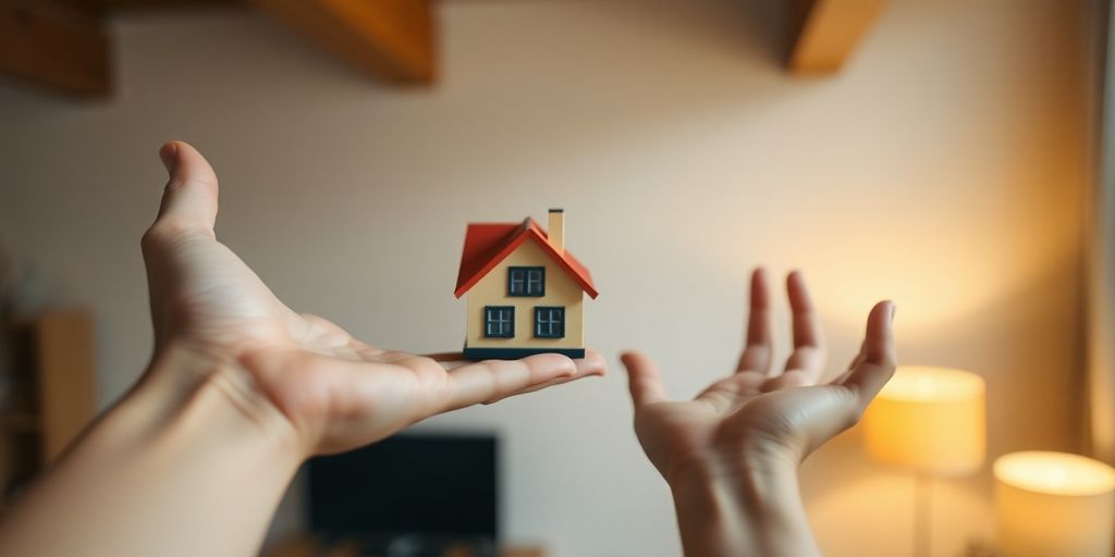 Two hands shaking over small house model.