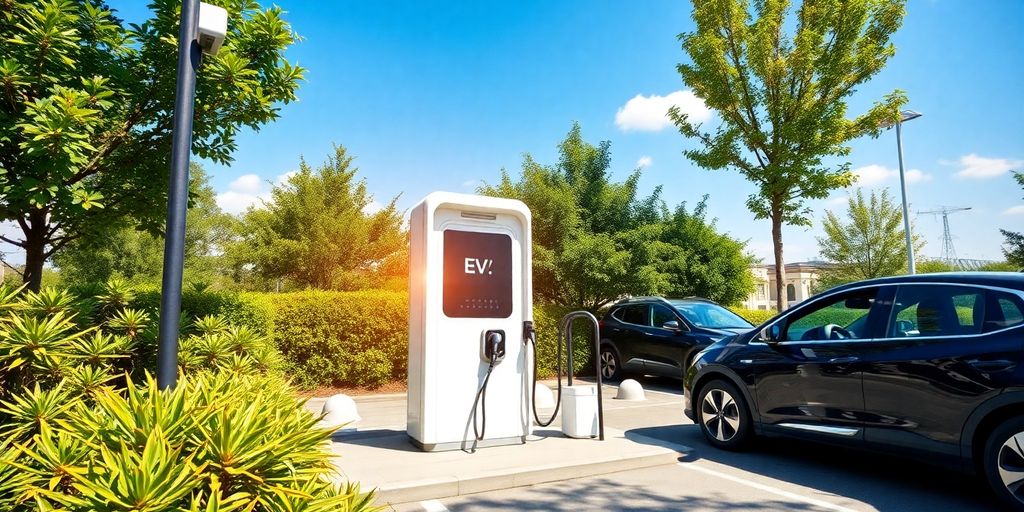 Modern EV charging station with electric vehicles and greenery.