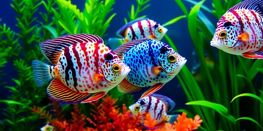 色彩斑斓的杰克·瓦特利的迪斯库斯鱼在郁郁葱葱的水族箱中。