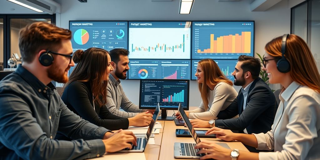 Profissionais de marketing digital colaborando em escritório moderno.