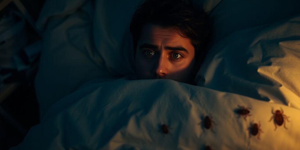 Concerned person in bed with visible bed bug shadows.