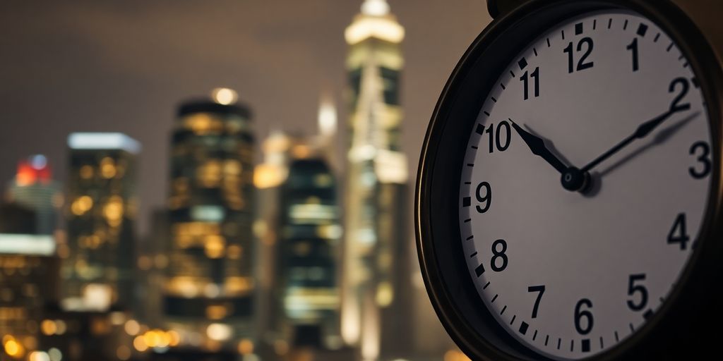 Clock with illuminated city background, depicting after-hours trading.