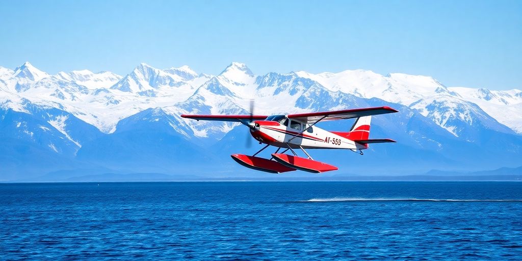 A red seaplane flies over water and snowy mountains.