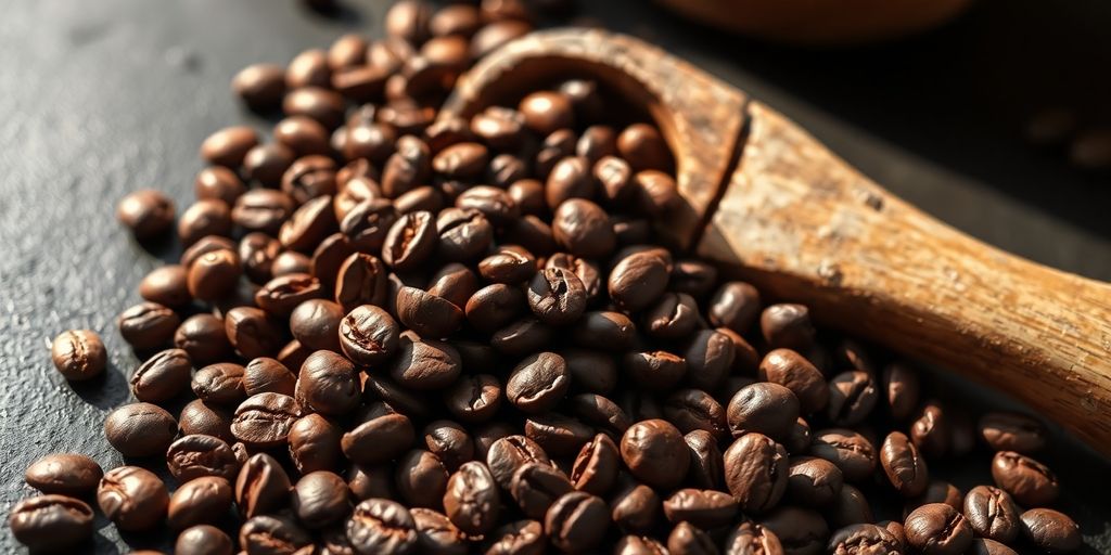 Fresh coffee beans in a wooden scoop.