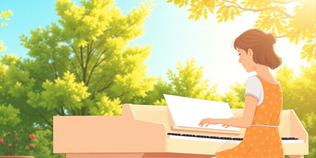 A woman teaching piano outdoors in summer.