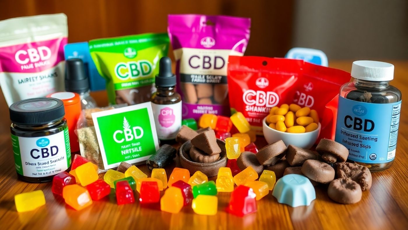 Colorful CBD edibles on a wooden table.