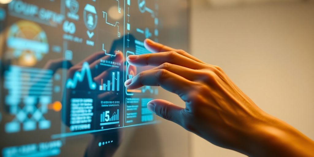Human hands interacting with digital data.