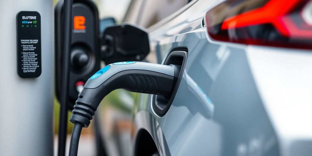 Electric vehicle charging station with car connected.