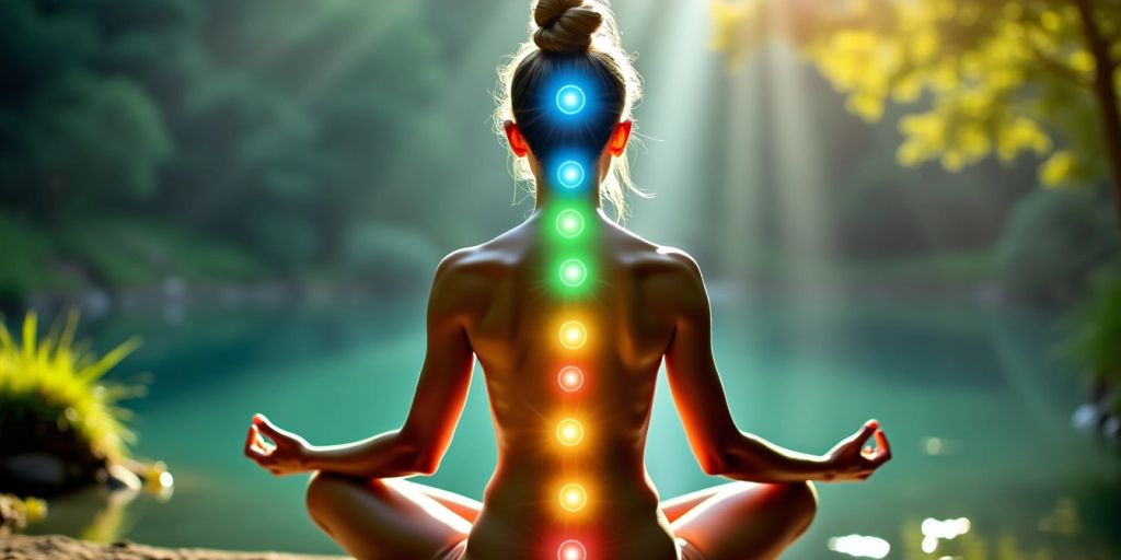 Figura meditativa con chakra luminosi allineati lungo la colonna vertebrale.