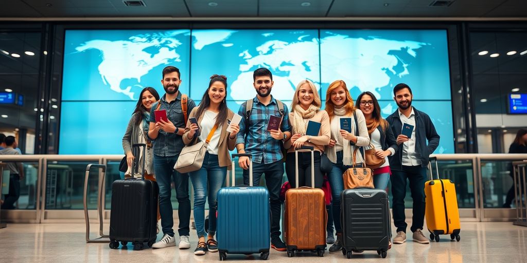 Travelers at airport with passports and luggage.
