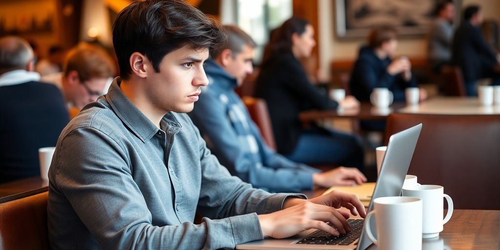 Person trading cryptocurrency on laptop in a café.