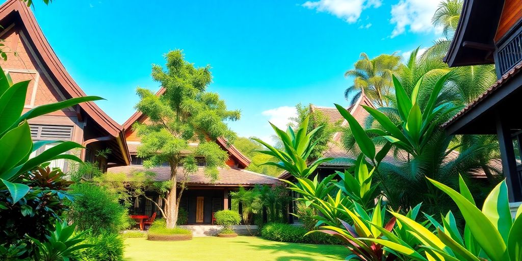 Traditional Thai house amidst tropical plants and blue sky.
