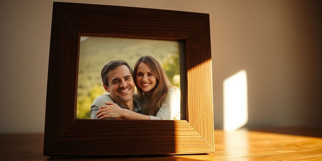 Decorative rustic wooden frame with couple's photo.