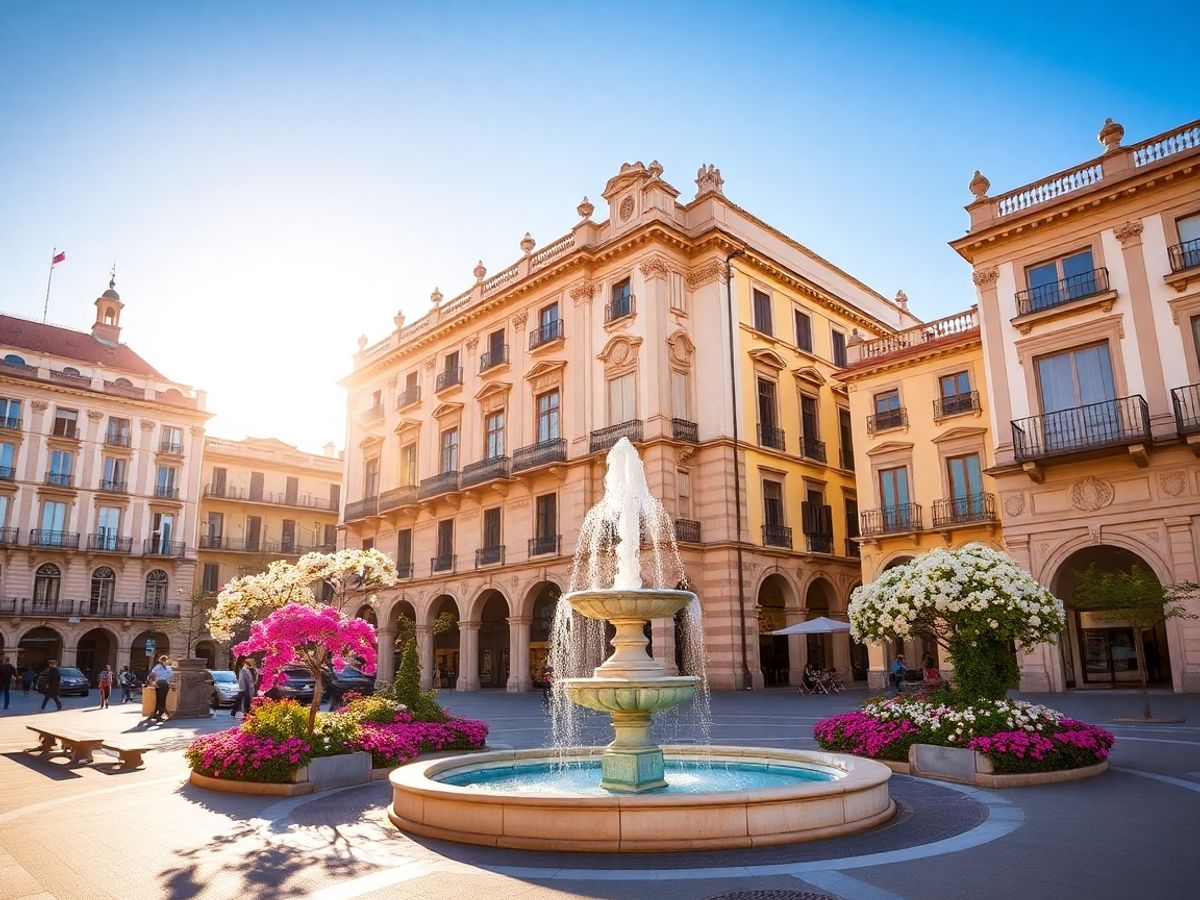 Spanish plaza with fountain and buildings.