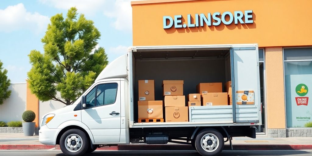 Kombi za dostavu ispred online prodavnice sa paketima.