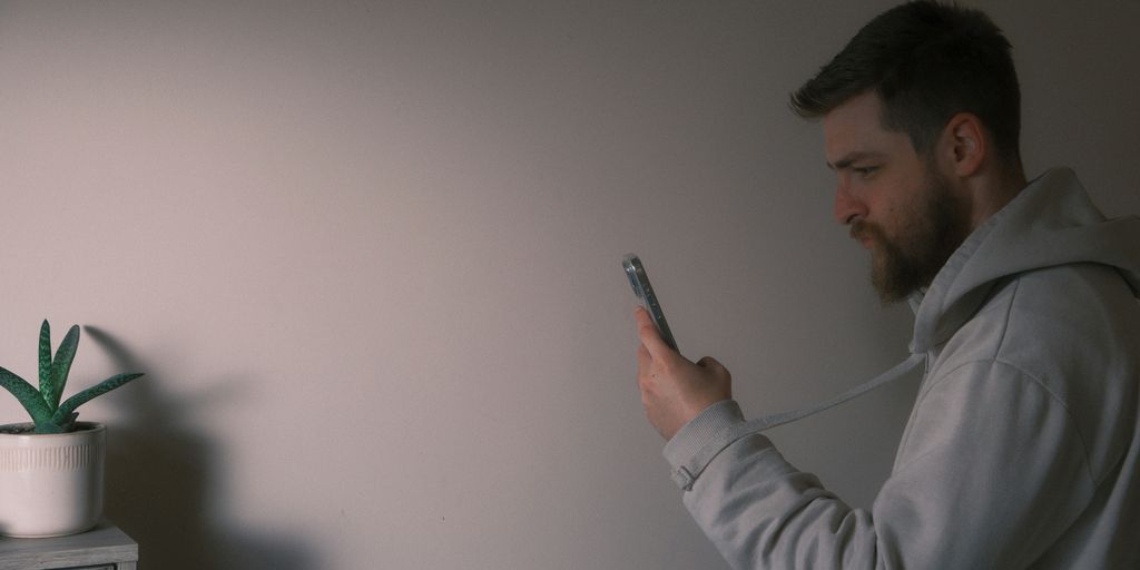 a man holding a cell phone next to a plant