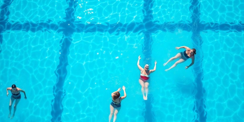 Adults swimming laps in a bright, clear pool.