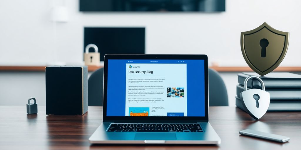 Office desk with laptop and security-themed items.
