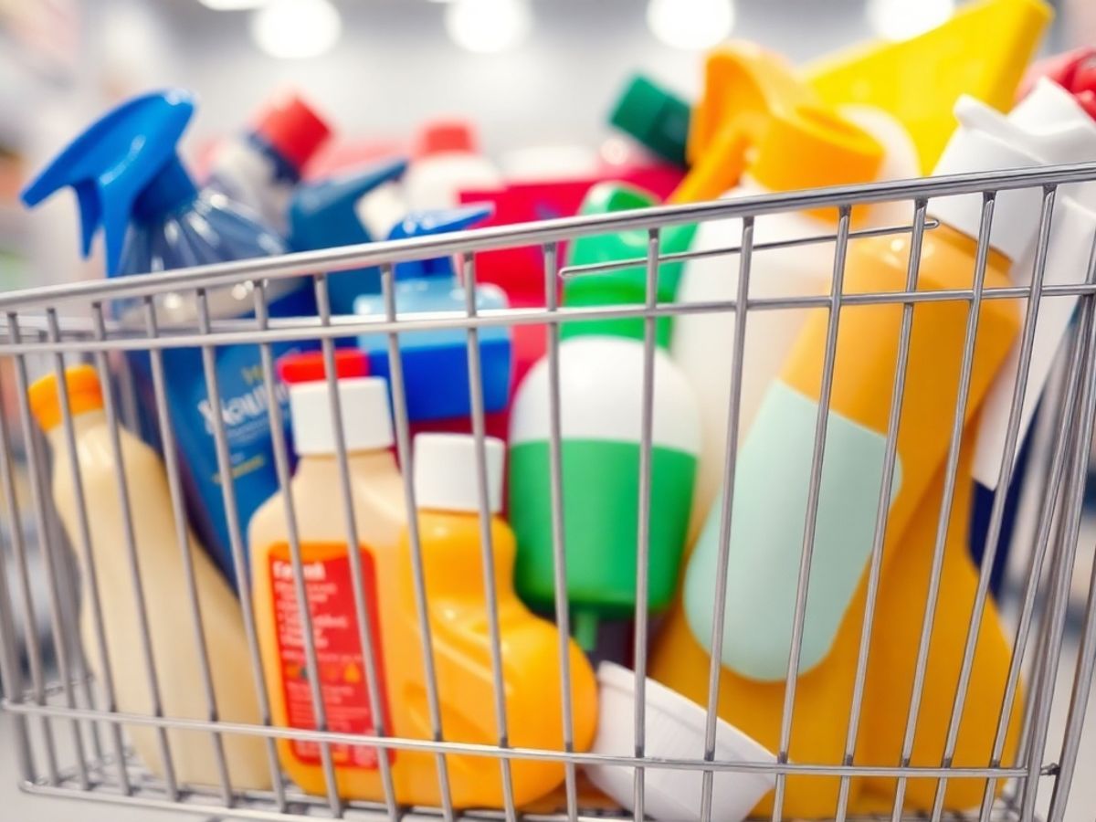 Cumpărături diverse într-un cărucior de supermarket.