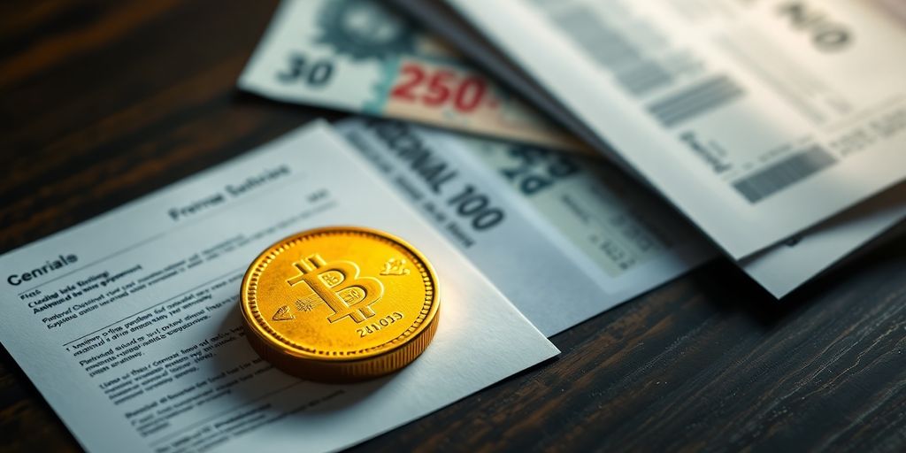 Une pièce d'or entourée de documents financiers.